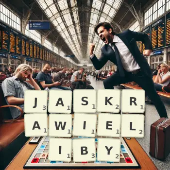 Kreatywna ilustracja do gry w Scrabble ze słowem JASKRAWIELIBY ułożonym z płytek na planszy.