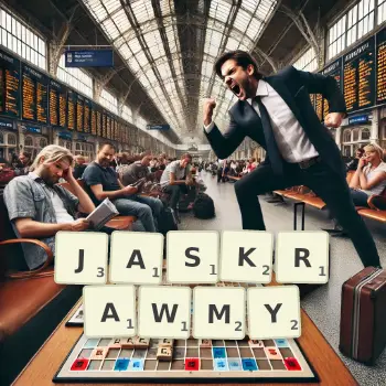 Kreatywna ilustracja do gry w Scrabble ze słowem JASKRAWMY ułożonym z płytek na planszy.