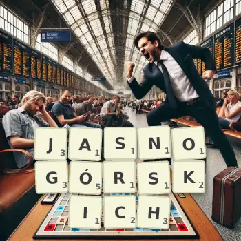 Kreatywna ilustracja do gry w Scrabble ze słowem JASNOGÓRSKICH ułożonym z płytek na planszy.