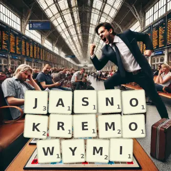 Kreatywna ilustracja do gry w Scrabble ze słowem JASNOKREMOWYMI ułożonym z płytek na planszy.