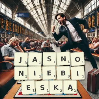 Kreatywna ilustracja do gry w Scrabble ze słowem JASNONIEBIESKĄ ułożonym z płytek na planszy.