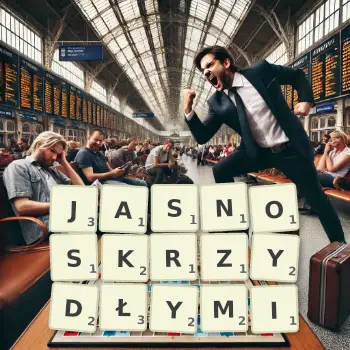 Kreatywna ilustracja do gry w Scrabble ze słowem JASNOSKRZYDŁYMI ułożonym z płytek na planszy.
