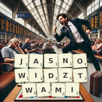 Kreatywna ilustracja do gry w Scrabble ze słowem JASNOWIDZTWAMI ułożonym z płytek na planszy.