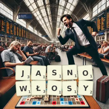 Kreatywna ilustracja do gry w Scrabble ze słowem JASNOWŁOSY ułożonym z płytek na planszy.