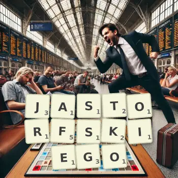 Kreatywna ilustracja do gry w Scrabble ze słowem JASTORFSKIEGO ułożonym z płytek na planszy.