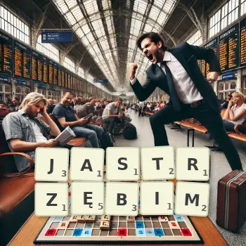 Kreatywna ilustracja do gry w Scrabble ze słowem JASTRZĘBIM ułożonym z płytek na planszy.