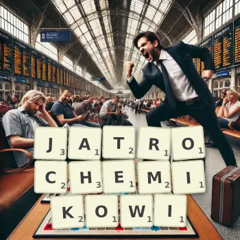 Kreatywna ilustracja do gry w Scrabble ze słowem JATROCHEMIKOWI ułożonym z płytek na planszy.