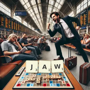 Kreatywna ilustracja do gry w Scrabble ze słowem JAW ułożonym z płytek na planszy.
