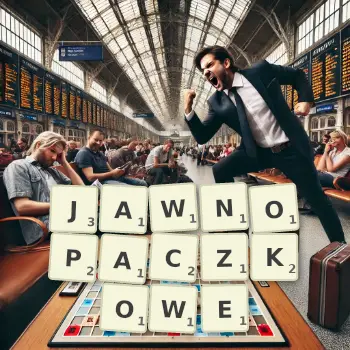 Kreatywna ilustracja do gry w Scrabble ze słowem JAWNOPACZKOWE ułożonym z płytek na planszy.