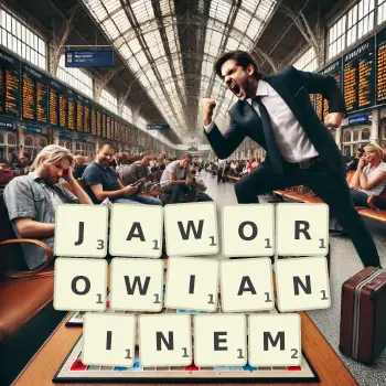 Kreatywna ilustracja do gry w Scrabble ze słowem JAWOROWIANINEM ułożonym z płytek na planszy.
