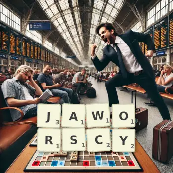 Kreatywna ilustracja do gry w Scrabble ze słowem JAWORSCY ułożonym z płytek na planszy.