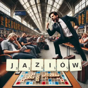 Kreatywna ilustracja do gry w Scrabble ze słowem JAZIÓW ułożonym z płytek na planszy.