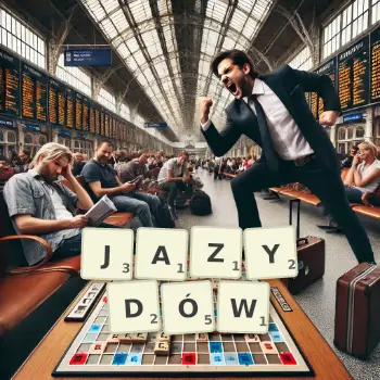 Kreatywna ilustracja do gry w Scrabble ze słowem JAZYDÓW ułożonym z płytek na planszy.