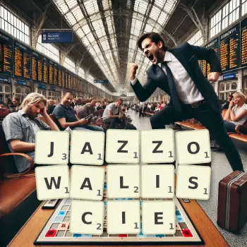 Kreatywna ilustracja do gry w Scrabble ze słowem JAZZOWALISCIE ułożonym z płytek na planszy.