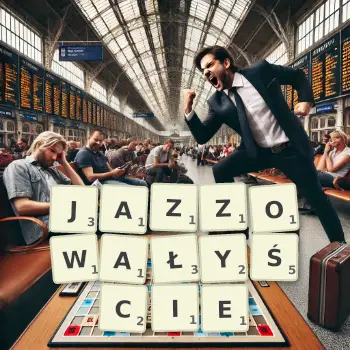 Kreatywna ilustracja do gry w Scrabble ze słowem JAZZOWAŁYŚCIE ułożonym z płytek na planszy.