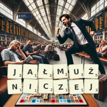 Kreatywna ilustracja do gry w Scrabble ze słowem JAŁMUŻNICZEJ ułożonym z płytek na planszy.