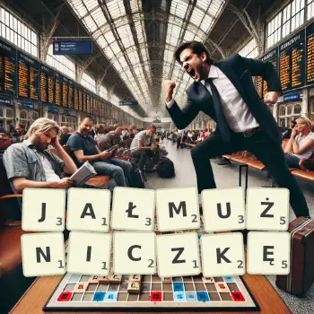 Kreatywna ilustracja do gry w Scrabble ze słowem JAŁMUŻNICZKĘ ułożonym z płytek na planszy.