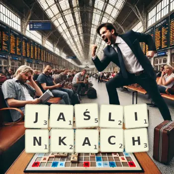 Kreatywna ilustracja do gry w Scrabble ze słowem JAŚLINKACH ułożonym z płytek na planszy.