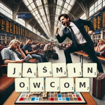 Kreatywna ilustracja do gry w Scrabble ze słowem JAŚMINOWCOM ułożonym z płytek na planszy.