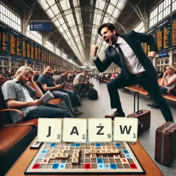 Kreatywna ilustracja do gry w Scrabble ze słowem JAŹW ułożonym z płytek na planszy.