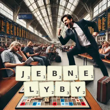 Kreatywna ilustracja do gry w Scrabble ze słowem JEBNELYBY ułożonym z płytek na planszy.