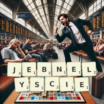 Kreatywna ilustracja do gry w Scrabble ze słowem JEBNELYSCIE ułożonym z płytek na planszy.