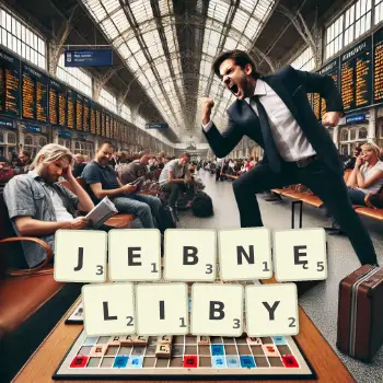 Kreatywna ilustracja do gry w Scrabble ze słowem JEBNĘLIBY ułożonym z płytek na planszy.