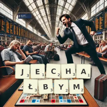 Kreatywna ilustracja do gry w Scrabble ze słowem JECHAŁBYM ułożonym z płytek na planszy.