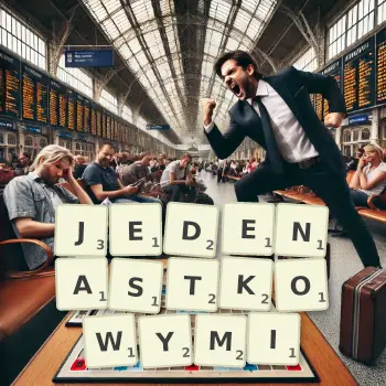 Kreatywna ilustracja do gry w Scrabble ze słowem JEDENASTKOWYMI ułożonym z płytek na planszy.