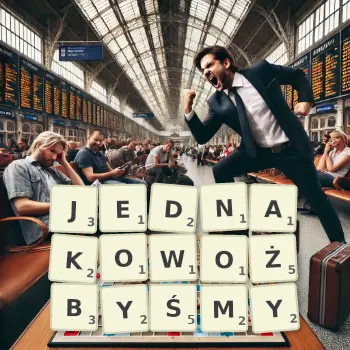 Kreatywna ilustracja do gry w Scrabble ze słowem JEDNAKOWOŻBYŚMY ułożonym z płytek na planszy.