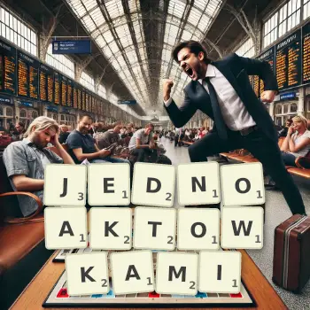 Kreatywna ilustracja do gry w Scrabble ze słowem JEDNOAKTOWKAMI ułożonym z płytek na planszy.