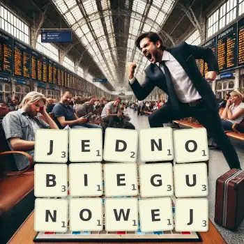 Kreatywna ilustracja do gry w Scrabble ze słowem JEDNOBIEGUNOWEJ ułożonym z płytek na planszy.