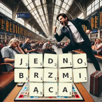 Kreatywna ilustracja do gry w Scrabble ze słowem JEDNOBRZMIĄCA ułożonym z płytek na planszy.