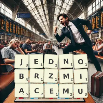 Kreatywna ilustracja do gry w Scrabble ze słowem JEDNOBRZMIĄCEMU ułożonym z płytek na planszy.