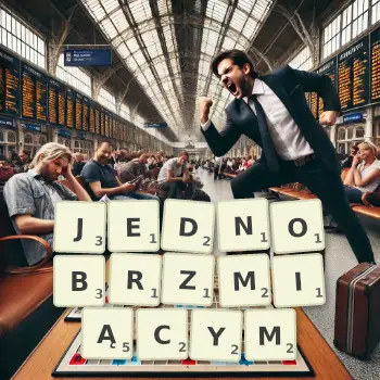 Kreatywna ilustracja do gry w Scrabble ze słowem JEDNOBRZMIĄCYM ułożonym z płytek na planszy.