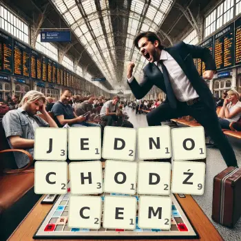 Kreatywna ilustracja do gry w Scrabble ze słowem JEDNOCHODŹCEM ułożonym z płytek na planszy.