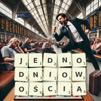 Kreatywna ilustracja do gry w Scrabble ze słowem JEDNODNIOWOŚCIĄ ułożonym z płytek na planszy.