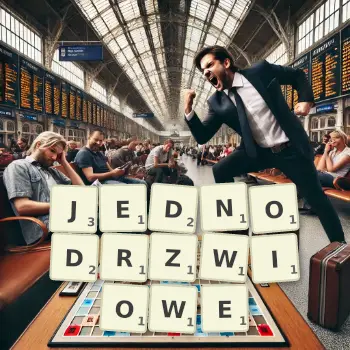 Kreatywna ilustracja do gry w Scrabble ze słowem JEDNODRZWIOWE ułożonym z płytek na planszy.