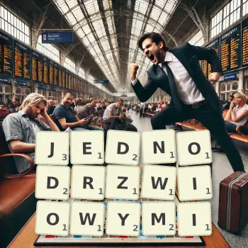 Kreatywna ilustracja do gry w Scrabble ze słowem JEDNODRZWIOWYMI ułożonym z płytek na planszy.