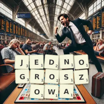 Kreatywna ilustracja do gry w Scrabble ze słowem JEDNOGROSZOWA ułożonym z płytek na planszy.