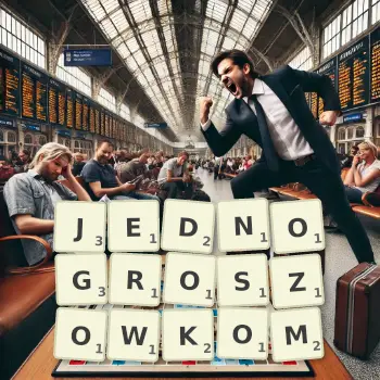 Kreatywna ilustracja do gry w Scrabble ze słowem JEDNOGROSZOWKOM ułożonym z płytek na planszy.