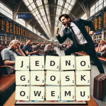 Kreatywna ilustracja do gry w Scrabble ze słowem JEDNOGŁOSKOWEMU ułożonym z płytek na planszy.