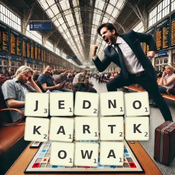 Kreatywna ilustracja do gry w Scrabble ze słowem JEDNOKARTKOWA ułożonym z płytek na planszy.