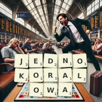 Kreatywna ilustracja do gry w Scrabble ze słowem JEDNOKORALOWA ułożonym z płytek na planszy.