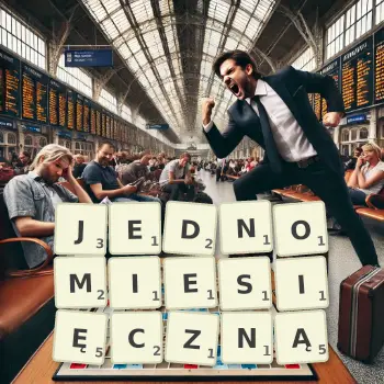 Kreatywna ilustracja do gry w Scrabble ze słowem JEDNOMIESIĘCZNĄ ułożonym z płytek na planszy.