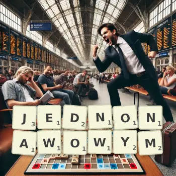 Kreatywna ilustracja do gry w Scrabble ze słowem JEDNONAWOWYM ułożonym z płytek na planszy.