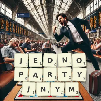 Kreatywna ilustracja do gry w Scrabble ze słowem JEDNOPARTYJNYM ułożonym z płytek na planszy.