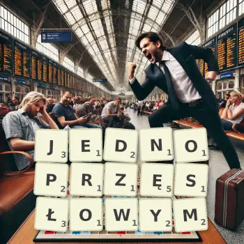Kreatywna ilustracja do gry w Scrabble ze słowem JEDNOPRZĘSŁOWYM ułożonym z płytek na planszy.