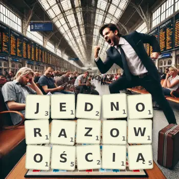 Kreatywna ilustracja do gry w Scrabble ze słowem JEDNORAZOWOŚCIĄ ułożonym z płytek na planszy.