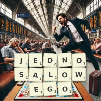 Kreatywna ilustracja do gry w Scrabble ze słowem JEDNOSALOWEGO ułożonym z płytek na planszy.